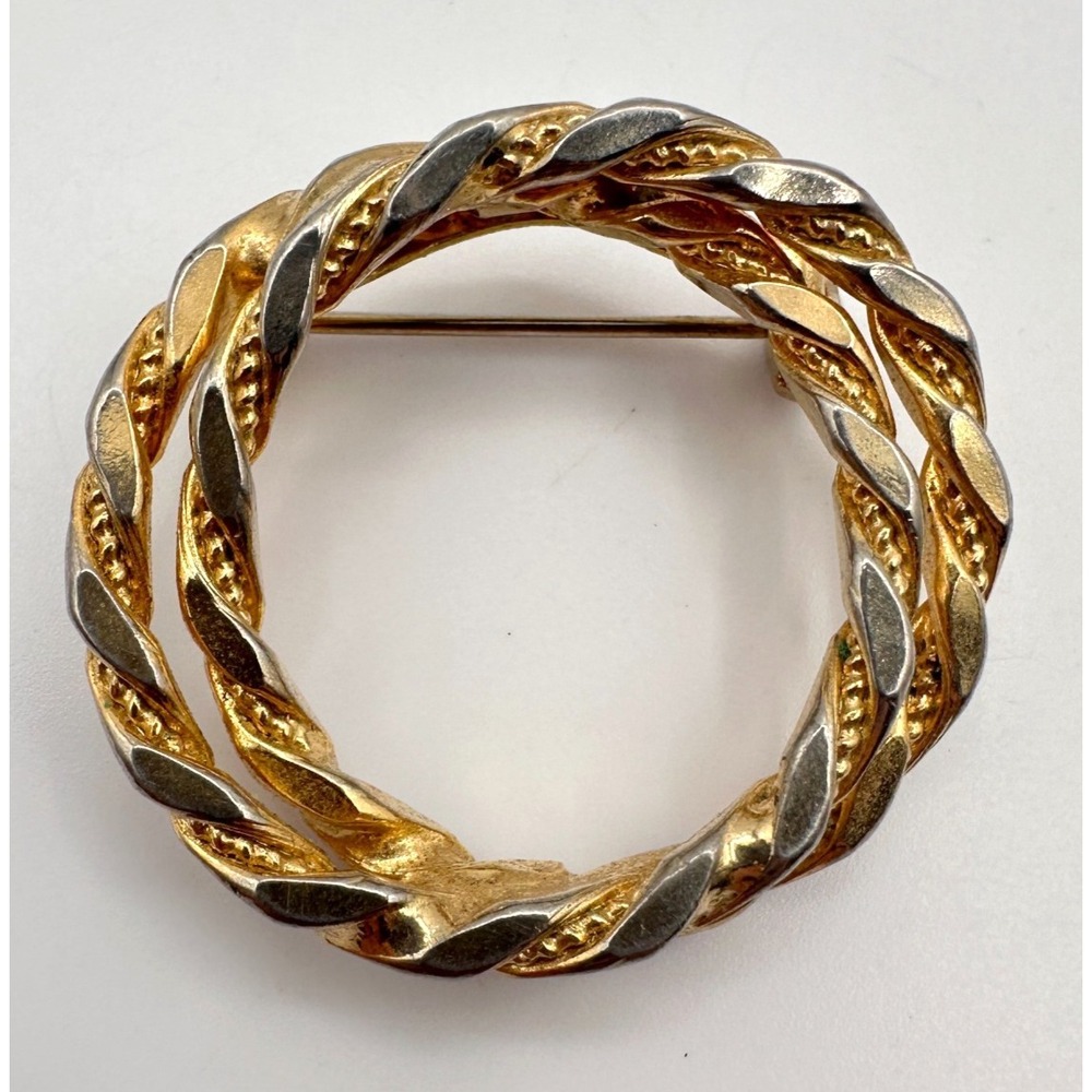 Vintage Twisted Wreath Brooch Gold Silver Tone Circle Rope Estate Style Pin